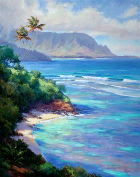 An Oil Painting Of A Tropical Beach Scene With Palm Trees And Mountains