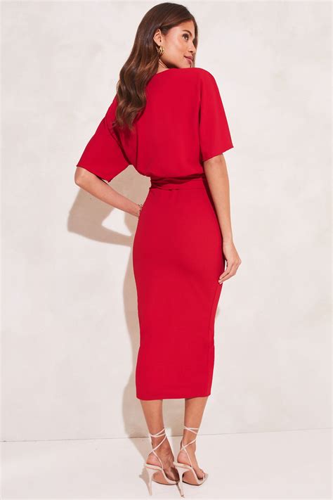 Buy Lipsy Red V Neck Blouson Flutter Sleeve Belted Midi Dress From The