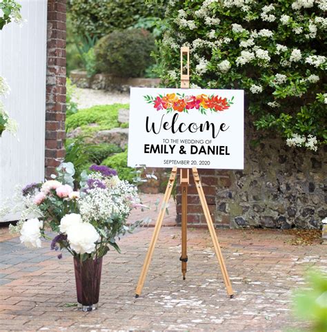 Bright Floral Welcome Sign | Bright wedding invitations, Bright wedding flowers, Orange and pink ...