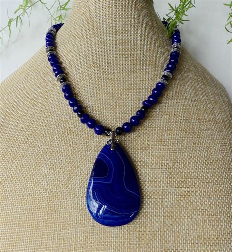 18 Inch Royal Blue Striped Agate Pendant Necklace With Etsy