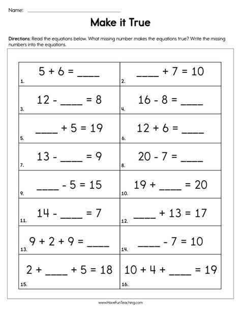 Missing Numbers In Addition Worksheet