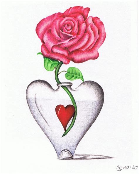 Human anatomy and flowers series, now on white paper: Rose In Heart Vase Drawing by Michael Cameron