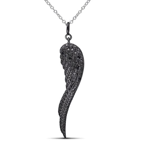 Asteria Black Diamond Accent Sterling Silver Angel Wing Pendant 18