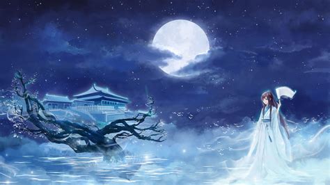 Download Blue Full Moon Moon Anime Girl Anime Girl Blue Anime Hd Wallpaper