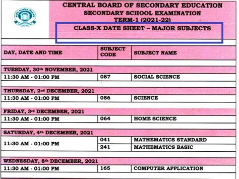 Cbse Class Term Exam Date Sheet Cbse Th Time Table Pdf Download Cbse Gov In