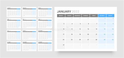 Monthly Calendar For 2022 Year Week Starts On Monday Stock Vector
