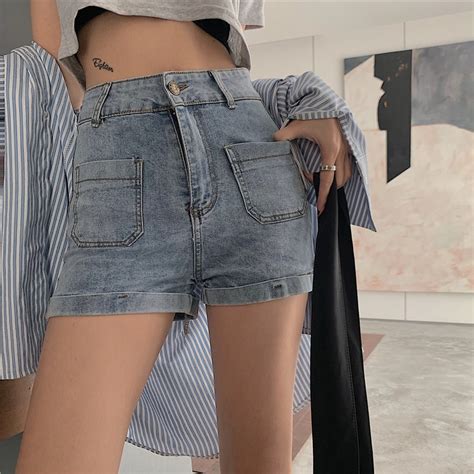 Women Vintage Blue Shorts Fashion Double Pocket Sexy Female Denim Shortssummer Casual Zipper