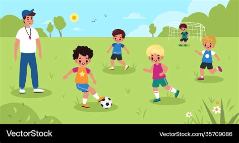 Children Soccer Kids Play Football In Park Vector Image