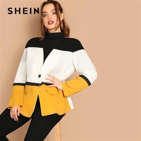 Shein Colorblock Plus Size Single Button V Neck Women Blazer 2019 Fashion Office Lady Slim Fit