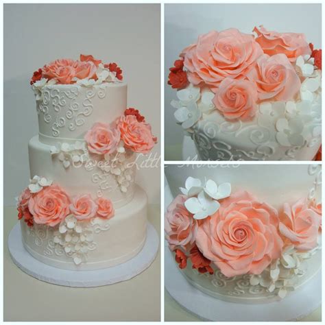 White Wedding Cake With Coral Flowers Coral Wedding Cakes Wedding