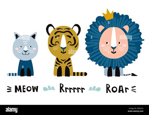 Cute Lion Tiger And Cat And English Text Meow Rrrrrr Roar Cartoon Vector Illustration Stock