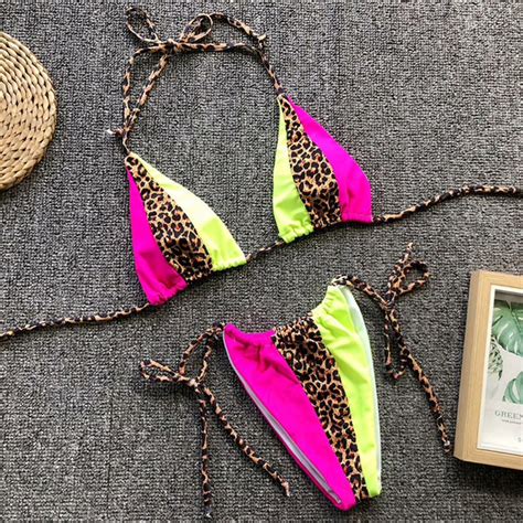 Summer 2019 Beach Wear Neon Biquini Micro String Swimsuit Push Up Sexy