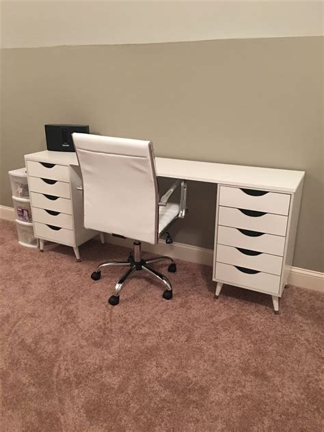 Alex drawer unit with 9 drawers | ikea's alex drawer units is a huge fave vanity setup for youtube makeup vloggers and beauty bloggers. DIY IKEA Dupe Vanity / Writing Desk - 6 feet | Ikea diy ...