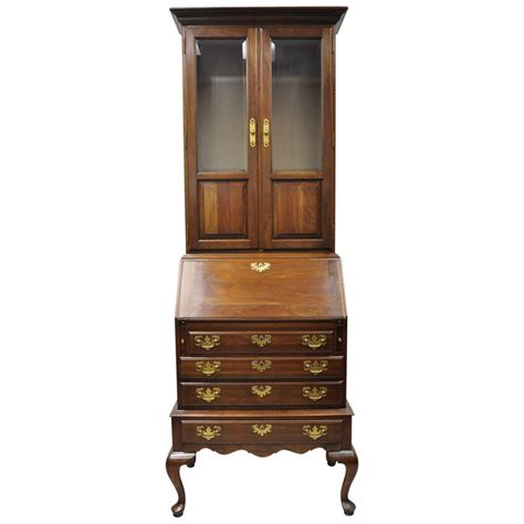 Ethan Allen Queen Anne Cherry Wood Drop Front Secretary Desk With Curio