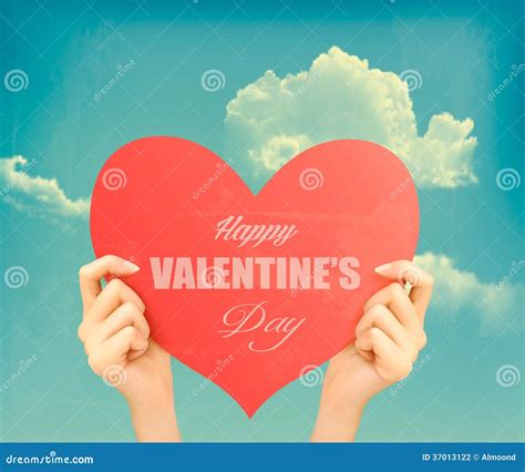 Two Hands Holding Red Heart Valentines Day Retro B Stock Vector
