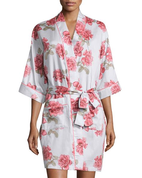 Bedhead Rose Print Short Kimono Robe Light Blue Neiman Marcus