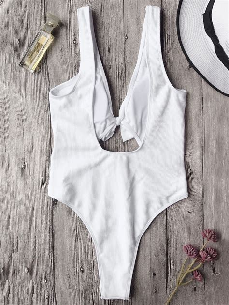 Bowknot Textured High Cut One Piece Swimsuit White S On Luulla