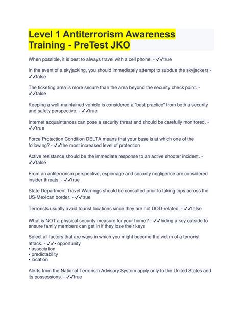 Level 1 Antiterrorism Awareness Training Pretest Jko Awareness