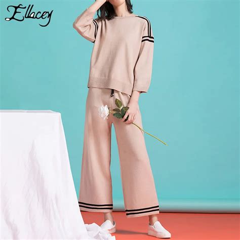 ellacey new 2018 autumn sweater women s suit casual knitted two piece set top and pants striped