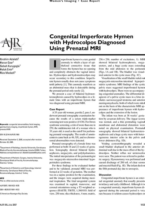 congenital imperforate hymen with hydrocolpos diagnosed using prenatal mri ajr