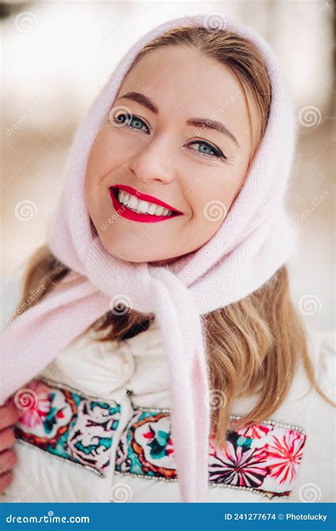 Beautiful Russian Woman In A Headscarf Portrait A Lovely Woman Smiles