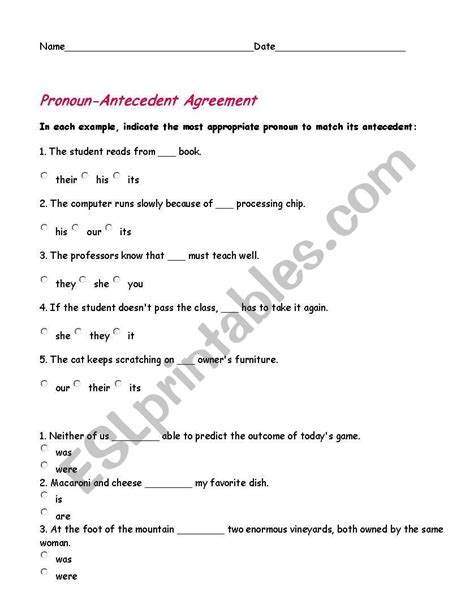 English Worksheets Pronoun And Antecedent Agreement
