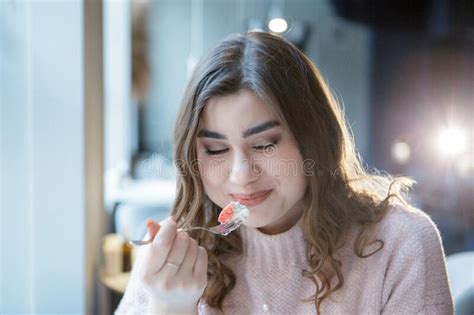 Smiling Woman Eating A Sweet Dessert In Cafe Stock Photo Image Of