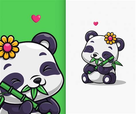Cute Panda Eat Bamboo Icon Illustration Panda Mascot Cartoon Character