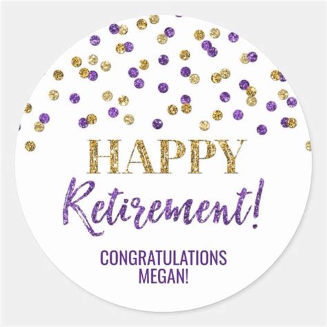 Purple Gold Confetti Happy Retirement Classic Round Sticker Zazzle