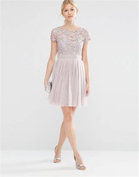 Little Mistress Short Sleeve Lace Bodice Mini Dress With Tulle Skirt In Pink Lyst