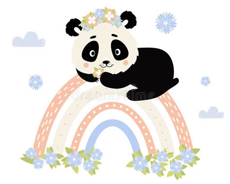 Cute Panda Character In Flower Wreath Lies On Rainbow On White