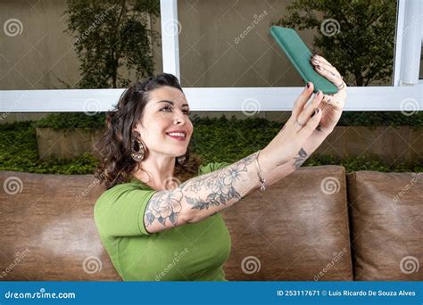 Brazilian Tattooed Doing Using Both Hands To Make Selfie Stock Image