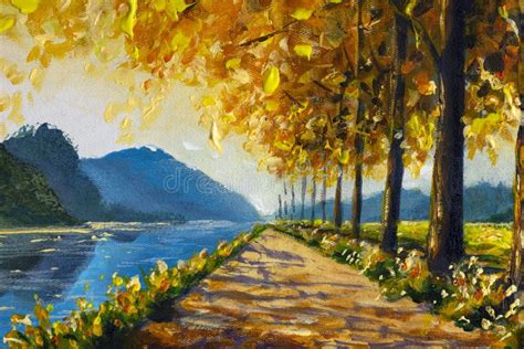 Original Oil Painting Autumn Trees Road Along The Lake And Blue