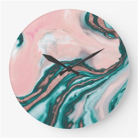 Rose Gold Glitter Pink Teal Swirly Painted Marble Large Clock