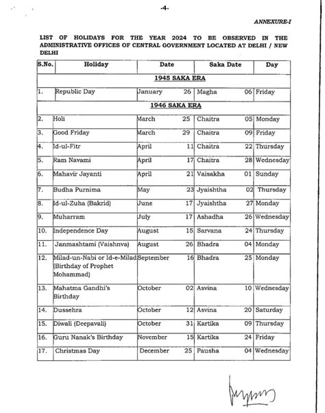 2024 Holiday Calendar Central Government Holiday Denny Felicle