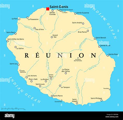 Reunion Political Map With Prefecture Saint Denis Important Cities And