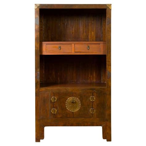 Chinese 19th Century Elmwood Bookcase With Doors Drawers And Brass