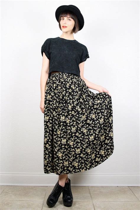Vintage 90s Skirt Grunge Skirt Midi Skirt 1990s Skirt Black Yellow Gold