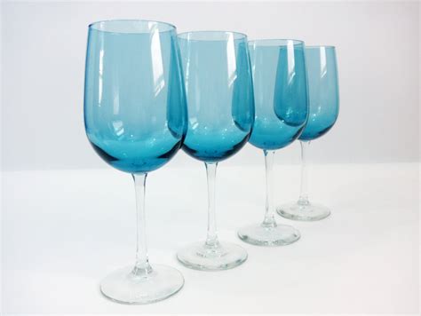 Vintage Set 4 Tall Blue Crystal Wine Glasses Set Of Four Large Water