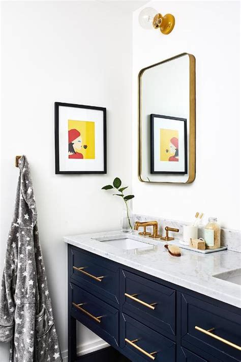 Navy Blue Washstand With Shiny Brass Pulls Transitional Bathroom