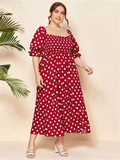 plus shirred bodice polka dot dress shein usa date night outfit curvy dresses for apple