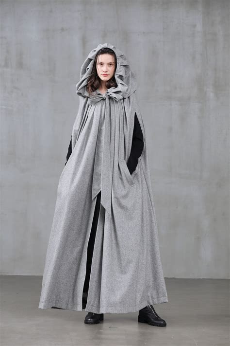 Wool Coat In Gray Hooded Wool Cloak Gray Maxi Cloak Wool Etsy