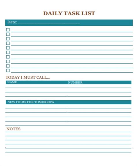 Daily Work Tasks Template