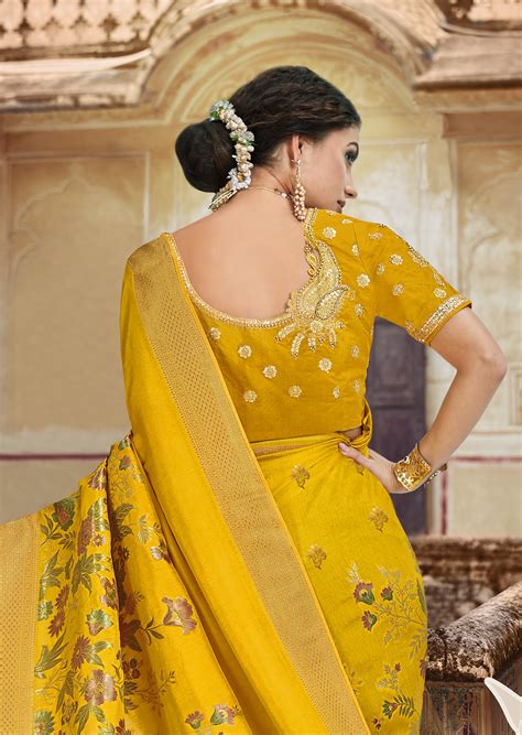 Silk Yellow Weaving Jacquard With Embroidered Blouse Saree With Blouse