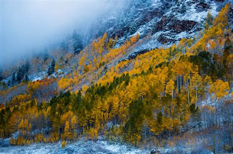 Snow Mountains Woods Forest Maroon Bells Colorado Autumn Usa