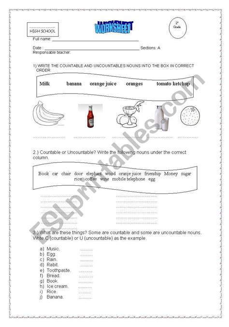 English Worksheets Countables And Uncountables