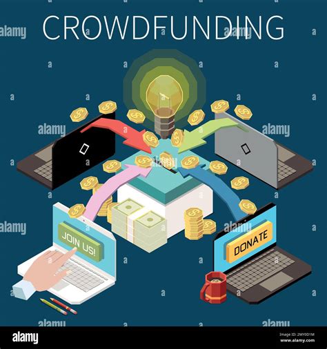 Crowdfunding Isometric Concept With Money Donation And Fundraising