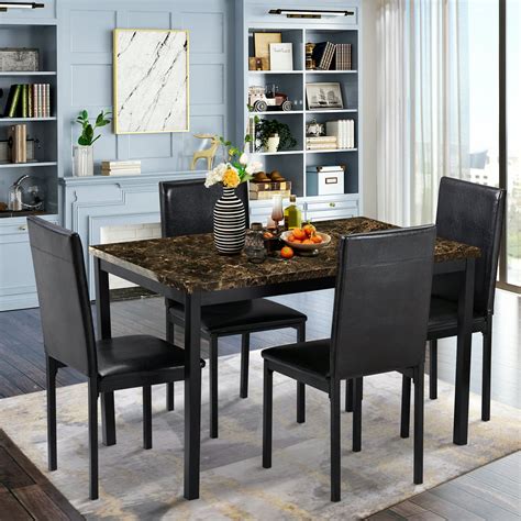 Enyopro 5 Piece Dining Table Set Modern Faux Marble Table And 4 Pu