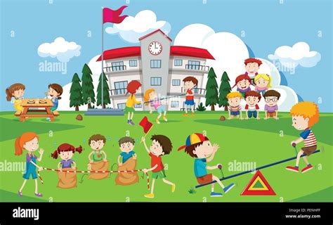 Kids Playing At School Playground Illustration Stock Vector Image And Art