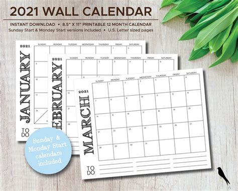 Download or customize these free printable monthly calendar templates for the year 2021 with us holidays. 2021 Printable Wall Calendar Simple 12 Month Calendar Rustic | Etsy